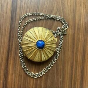 Vintage Estée Lauder Gold and Blue Stone Solid Perfume Locket Necklace C3